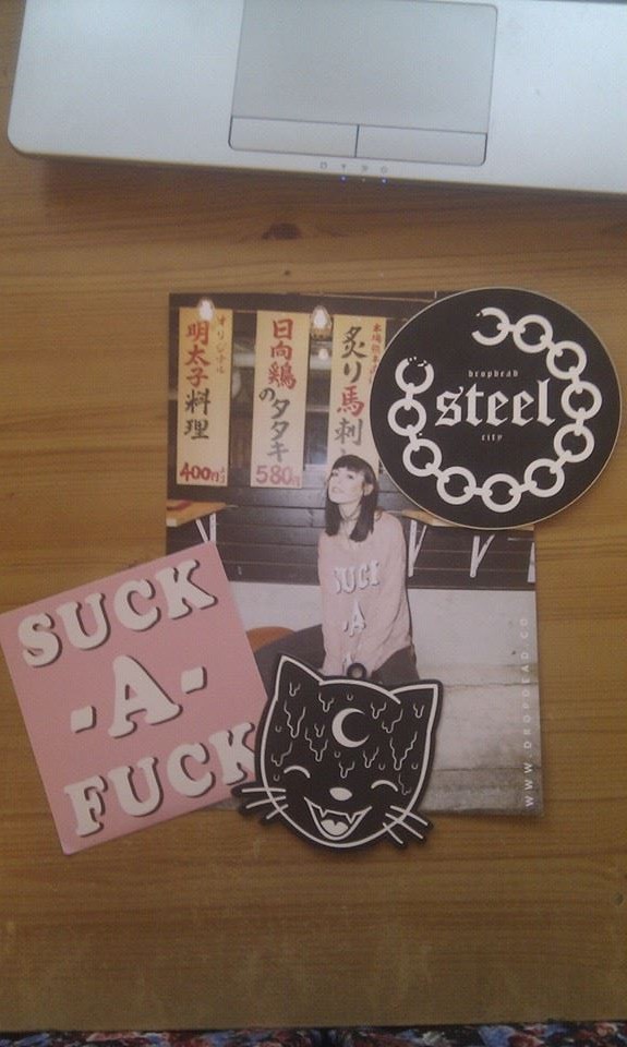 A photo of Drop Dead stickers, a leaflet and clothing label.